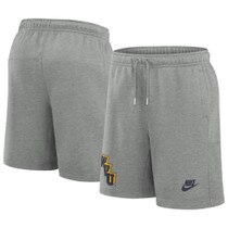 Dark grey heather Nike WVU fleece shorts with Diagonally stacked WVU legacy logo on bottom right leg